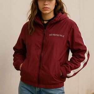 Y2K Sporty Maroon Full Zip Hooded Windbreaker Jacket Aeropostale Small